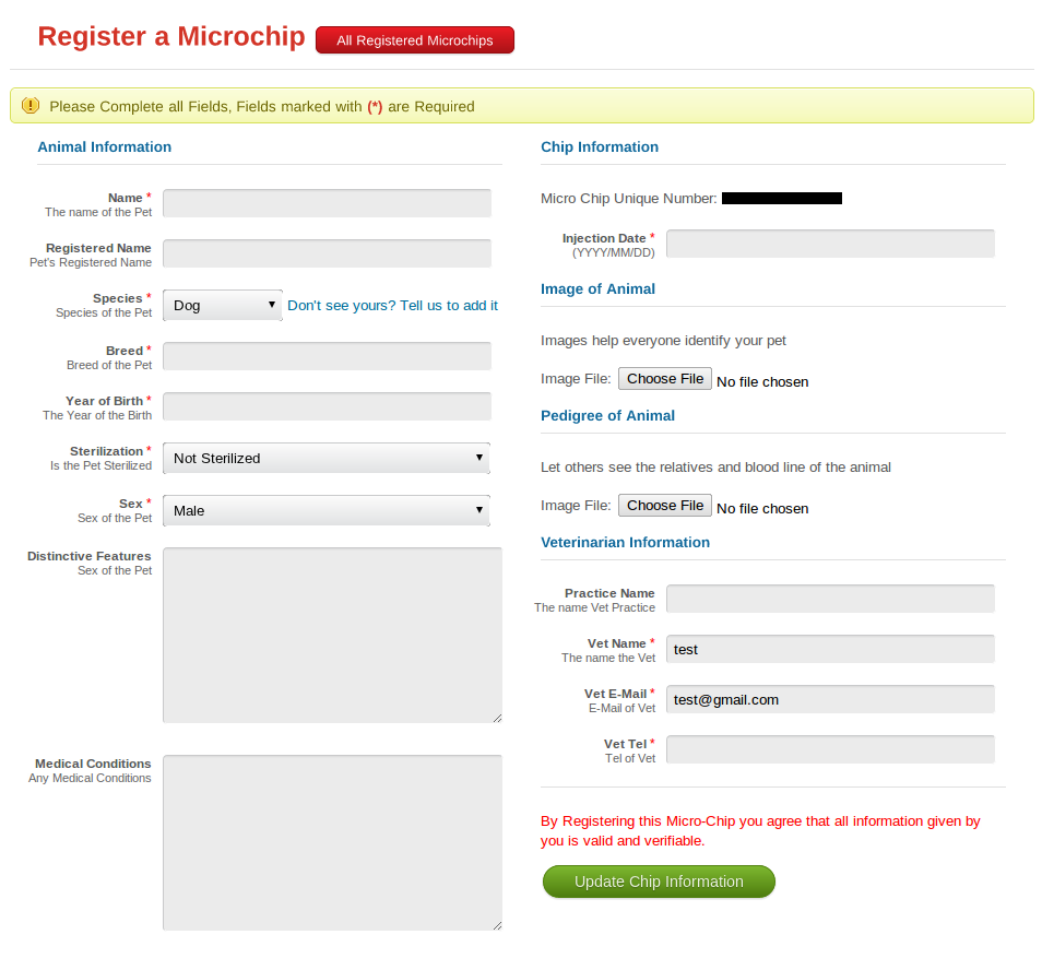 Screenshot of Microchip Register Page