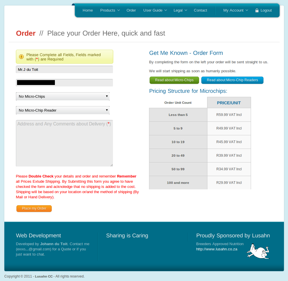 Screenshot of the Product Order Page
